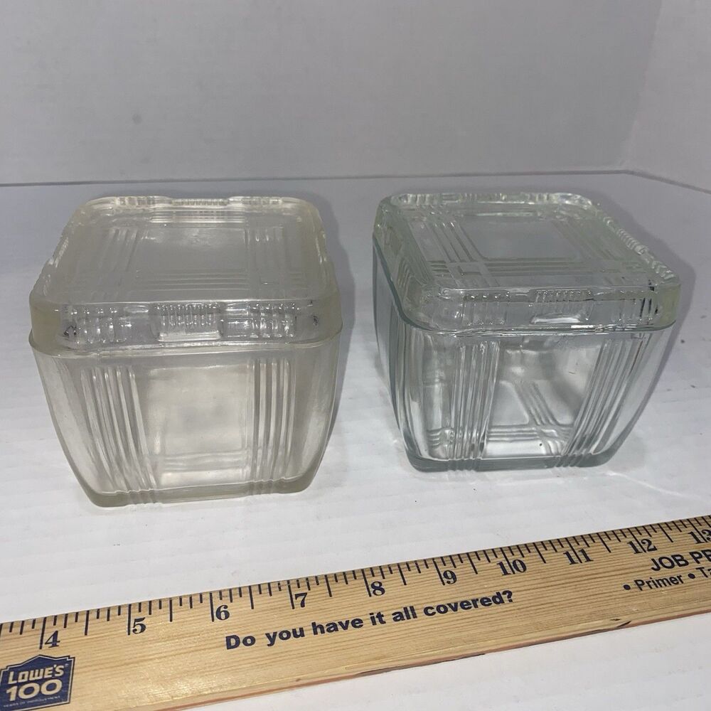 2-VTG Hazel Atlas Crisscross Clear Glass Square Refrigerator Dishes W/Lids 1930s